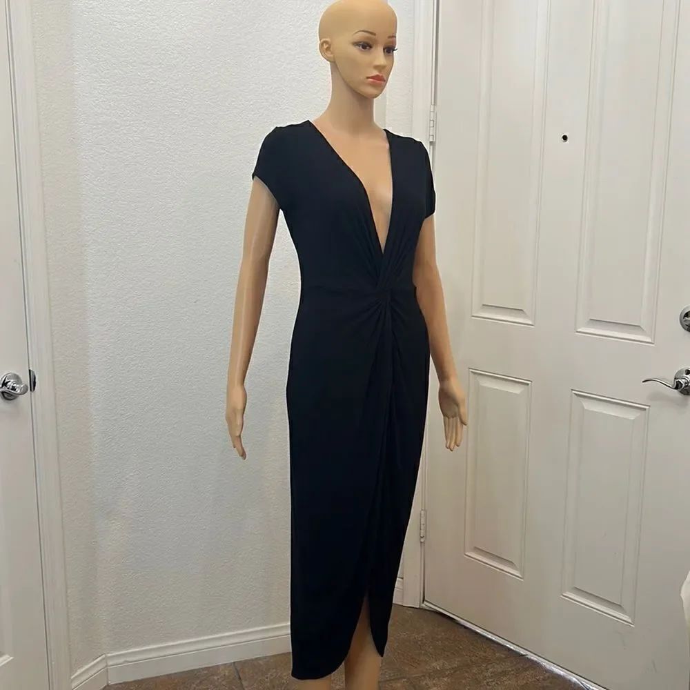 Haute Monde Dress Black V Neck Front Slimming Ruching  Midi Size Medium Bodycon